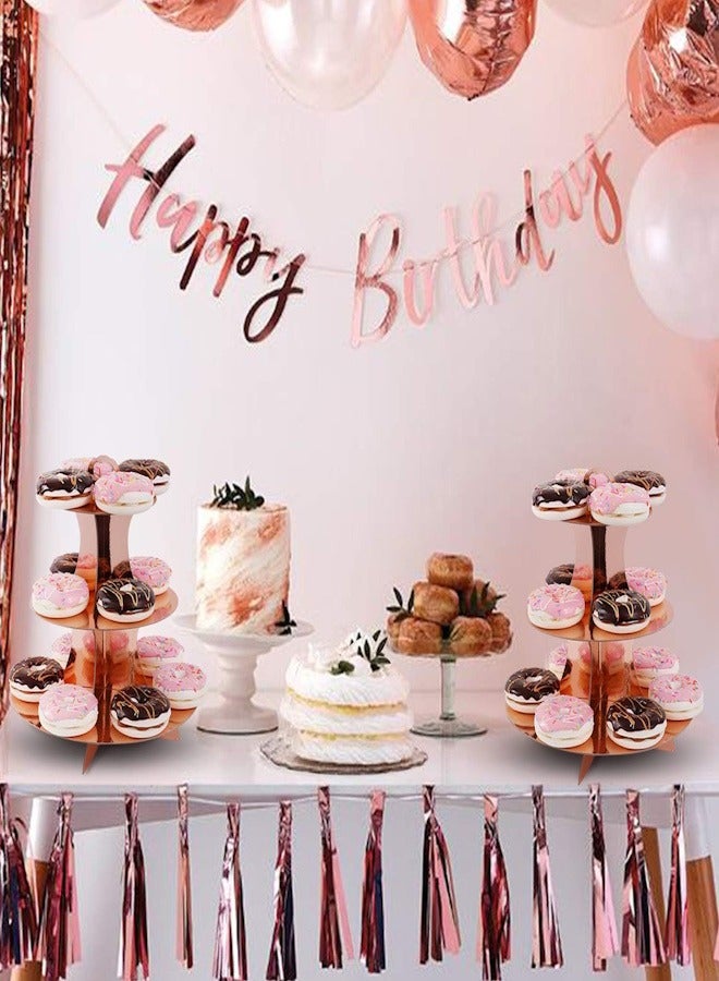 JOLLITY LLC حامل كعكة من 3 طبقات لحفلات الشاي الراقية حامل كعكة باللون الوردي الذهبي مع ألواح كعكة برج حلوى دائري لتزيين الحفلات أعياد الميلاد الذكرى السنوية الزفاف (2 قطعة) - Image 3