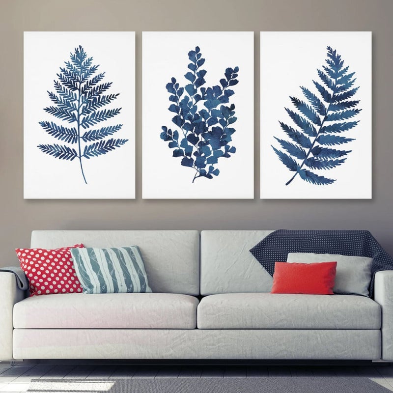 Marktna Three canvas panels with a leaf design and a hollow frame, measuring (90×40), three pieces - Image 1