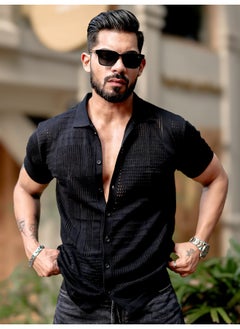 Maniac Mens 3/4th Sleeve Black Wrap Flat Knit Cotton Shirt  - Image 1