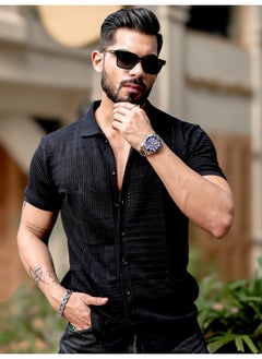 Maniac Mens 3/4th Sleeve Black Wrap Flat Knit Cotton Shirt  - Image 3