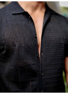 Maniac Mens 3/4th Sleeve Black Wrap Flat Knit Cotton Shirt  - Image 5