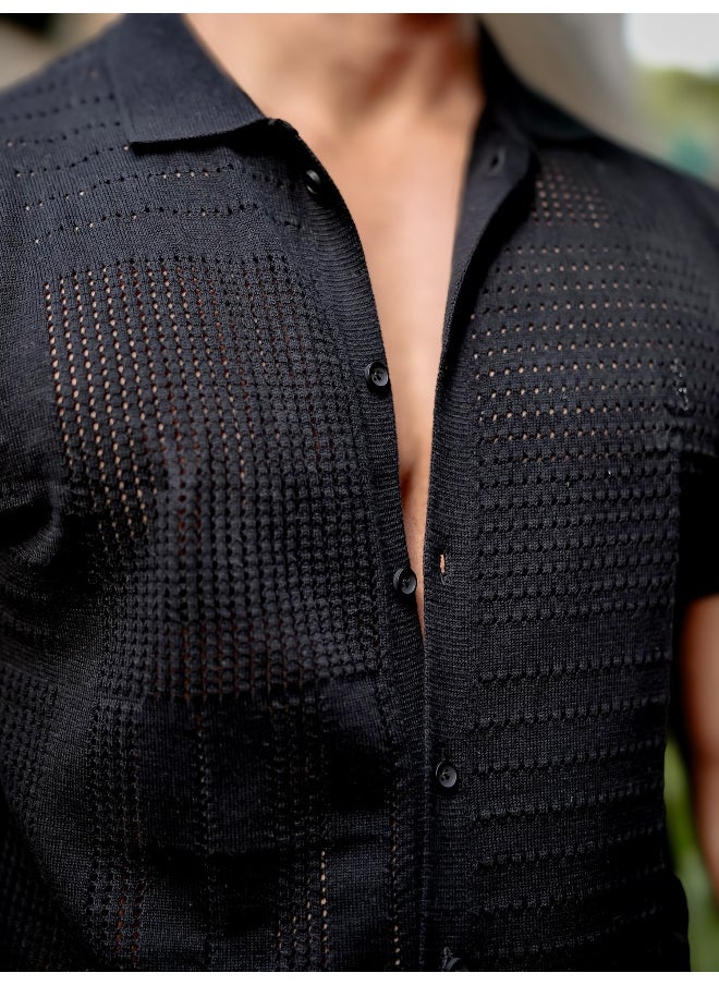 Maniac Mens 3/4th Sleeve Black Wrap Flat Knit Cotton Shirt  - Image 5