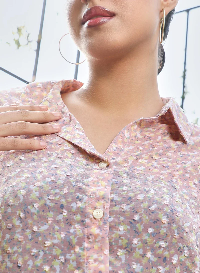 PINACOLADA  Women's Pastel Pink Flora-Pop Textured Oversized Shirt | نساء | أكمام طويلة | طبعة زهرية | طوق منتشر | كاجوال كبير الحجم | قميص for Women | Best Price UAE