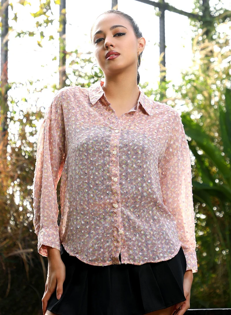 PINACOLADA  Women's Pastel Pink Flora-Pop Textured Oversized Shirt | نساء | أكمام طويلة | طبعة زهرية | طوق منتشر | كاجوال كبير الحجم | قميص for Women | Best Price UAE