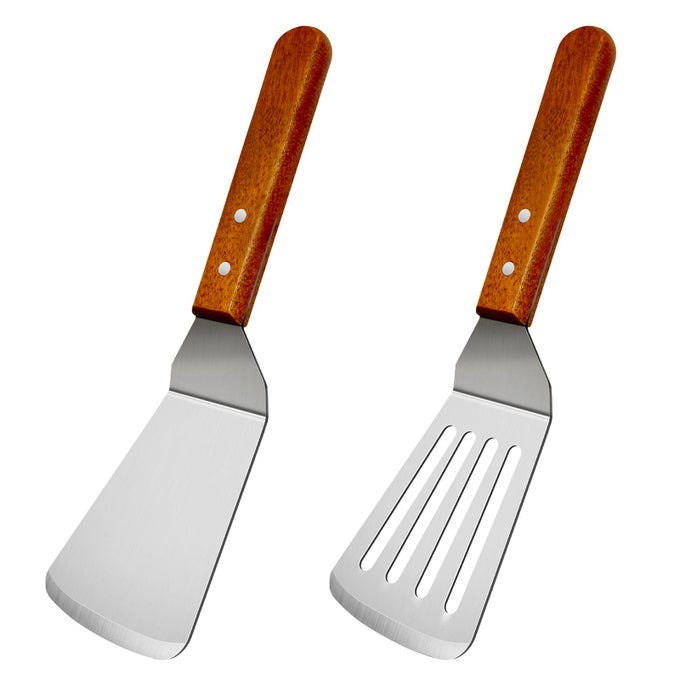 2PCS METAL SPATULAS SET METAL SPATULA FOR CAST IRON SKILLET COOKING UTENSILS FISH EGG GRILL SPATULA STAINLESS STEEL SLOTTED SPATULA WOK FLAT TOP SMALL METAL SPATULA TURNER WITH WOOD HANDLE
