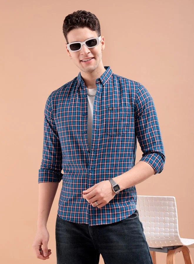The Indian Garage Co Men Slim Fit Checkered Full Sleeves Cutaway Collar Casual Shirt