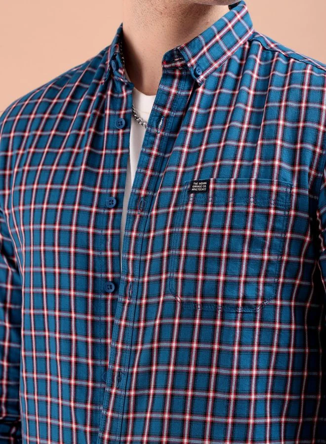 The Indian Garage Co Men Slim Fit Checkered Full Sleeves Cutaway Collar Casual Shirt