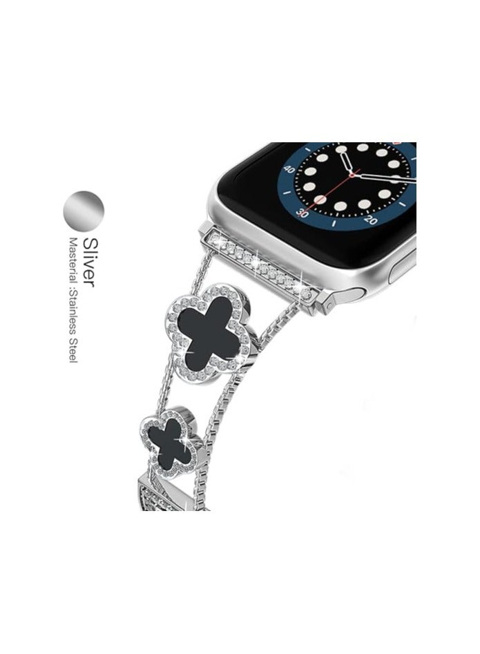 diamond metal band adds sparkle to your watch - Compatible with Apple Watch Series 8/7/6/5/4/3/2/1SE/Ultra - Clover is simple and stylish, fits women's sizes 38mm 40mm 41mm 42mm  - Image 5