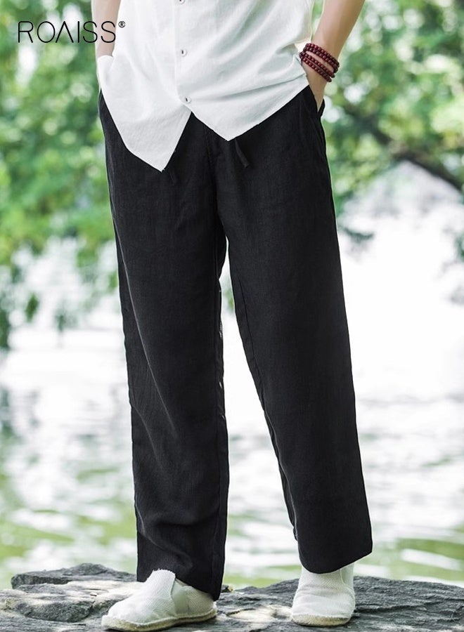 roaiss Men's Natural Linen Wide Leg Trousers Lightweight Breathable Cotton Linen Blend Pants for All Ages Loose Fit with Elastic Waist Comfort Large Size Available Trendy Casual Wear - Image 1