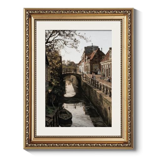 ARPEOTCY Vintage Gold Framed Country Wall Art Bedroom Living Room Dutch Town Streets Picture Wall Decor Canvas Prints Antique Picture Frame Rustic Paintings Home Farmhouse Decor 11x14 Inch - Image 1