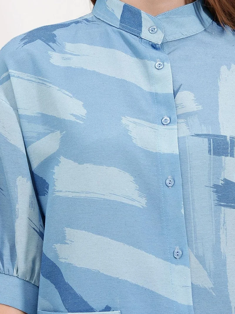 Big Dart Maya Blue BDART Abstract Print Loose Fit Shirt with Pocket for Women | Best Price UAE