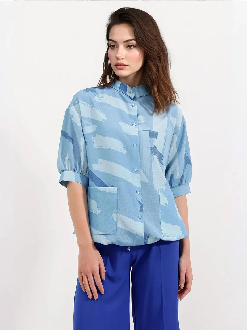 Big Dart Maya Blue BDART Abstract Print Loose Fit Shirt with Pocket for Women | Best Price UAE