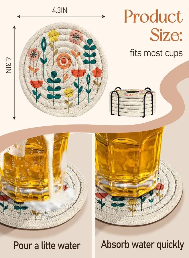 Kokaaee Drink Coasters Set of 6 - Cup Absorbent Coasters for Drinks Coffee Table Home Office Desk Decor Soft Woven Cotton Cloth Braided Fabric Drinking Cup Mat with Holder Cute Flower Floral Plants - Image 4