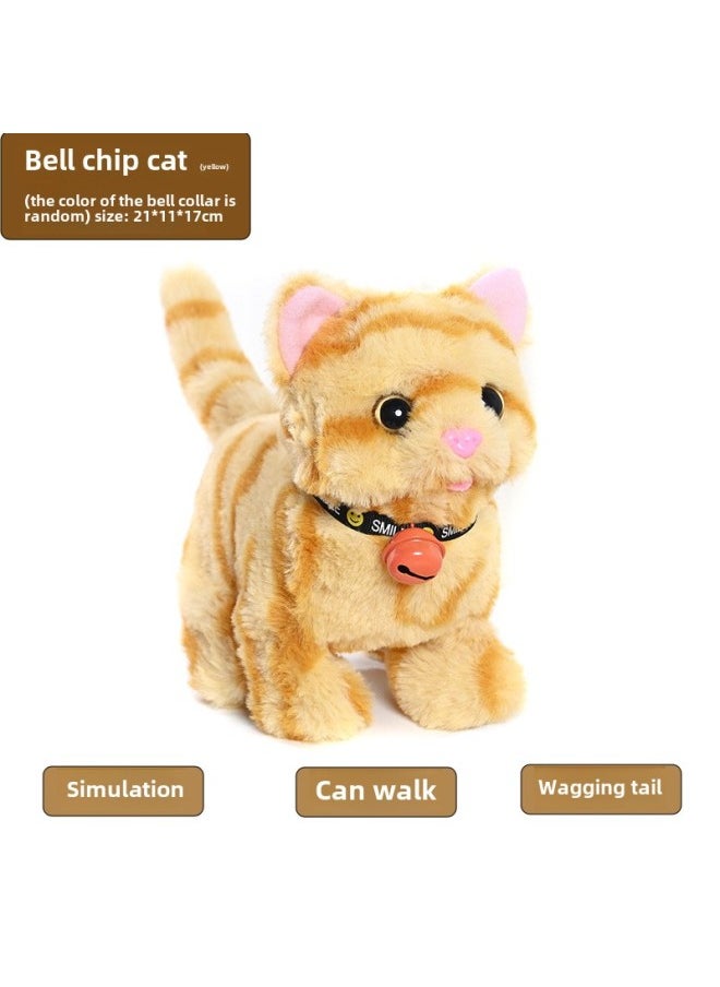 Plush Electric Cat Simulation Cry Walking Nodding Wagging Tail Kitten Puppy Children's Toy Pet Electronic Cat-Color: Bell Chip Cat (yellow Stripes)  - Image 1