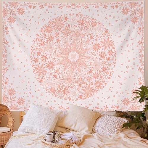 Neasow Bohemian Tapestry Wall Hanging, Pink Floral Tapestry with Dotted Daisy Medallion Print Bedroom Boho Hippie Home Decor, 36x48 inches - Image 3