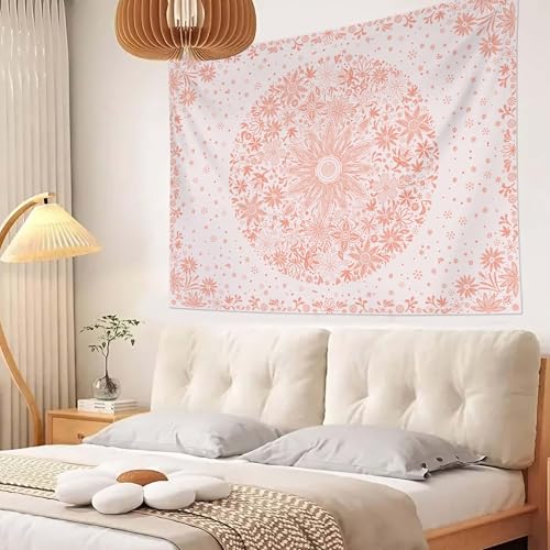 Neasow Bohemian Tapestry Wall Hanging, Pink Floral Tapestry with Dotted Daisy Medallion Print Bedroom Boho Hippie Home Decor, 36x48 inches - Image 4