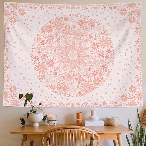 Neasow Bohemian Tapestry Wall Hanging, Pink Floral Tapestry with Dotted Daisy Medallion Print Bedroom Boho Hippie Home Decor, 36x48 inches - Image 2