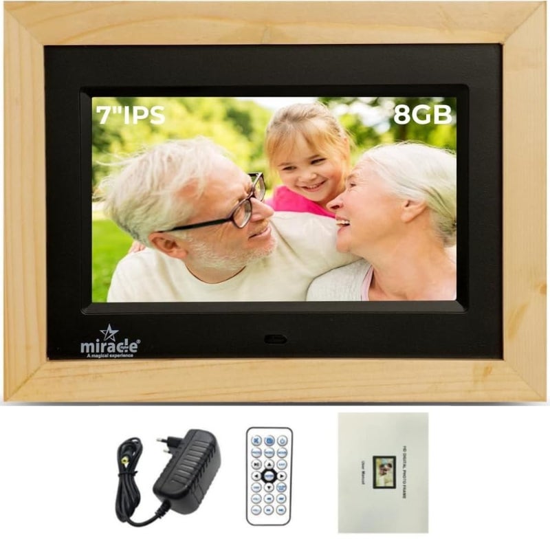 miracle digital إطار صور رقمي خشبي 7''(17.78) IPS مع شاشة عالية الدقة، بطاقة USB، جهاز تحكم عن بعد، عرض شرائح الصور، فيديو وصوت، يدعم ذاكرة مدمجة 8GB و 2GB RAM وزاوية عرض واسعة 180° (خفيف) - Image 1