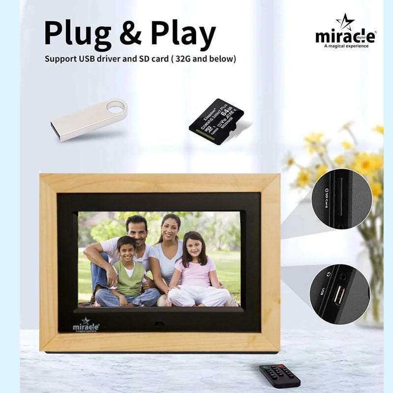miracle digital إطار صور رقمي خشبي 7''(17.78) IPS مع شاشة عالية الدقة، بطاقة USB، جهاز تحكم عن بعد، عرض شرائح الصور، فيديو وصوت، يدعم ذاكرة مدمجة 8GB و 2GB RAM وزاوية عرض واسعة 180° (خفيف) - Image 5