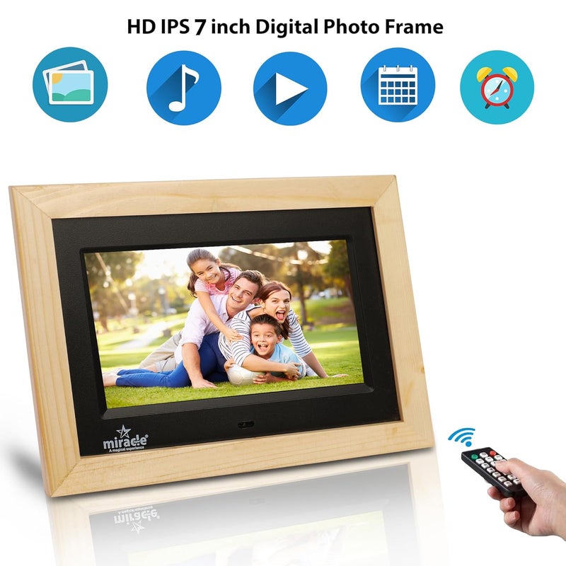 miracle digital إطار صور رقمي خشبي 7''(17.78) IPS مع شاشة عالية الدقة، بطاقة USB، جهاز تحكم عن بعد، عرض شرائح الصور، فيديو وصوت، يدعم ذاكرة مدمجة 8GB و 2GB RAM وزاوية عرض واسعة 180° (خفيف) - Image 2