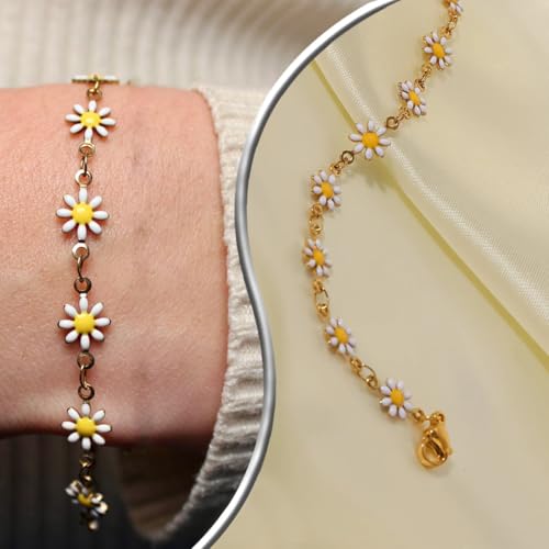 VAMA FASHIONS Stylish Adjustable Gold Plated Daisy Flower Bracelet Hand Chain Armlet Floral Bracelets for Girls Women (White Daisy Flower Bracelet) - Image 2