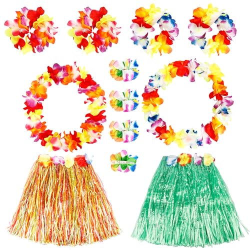 Feradny 14 Pieces Girls Hawaiian Hula Grass Skirt with Flowers Costume Set Flower Bracelet Hair Clip Hawaiian Outfit for Luau Tropical Beach Party - Image 1
