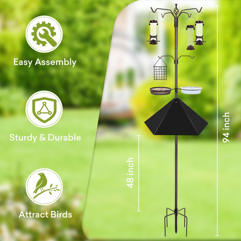 YINGYM 6-Hook Bird Feeding Station Kit, 94 Inch Heavy Duty Bird Feeder Stand Pole for Outdoors Hanging with 4 Feeders, Wide Metal Squirrel Baffle, Attracting Wild Birds - Image 2
