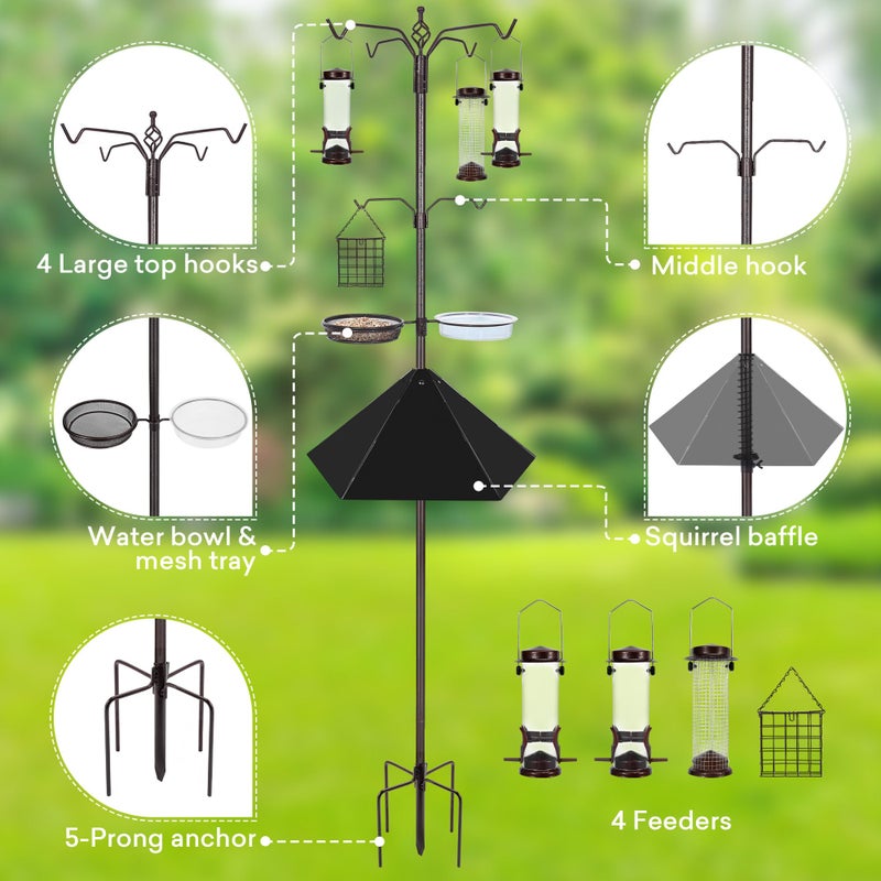 YINGYM 6-Hook Bird Feeding Station Kit, 94 Inch Heavy Duty Bird Feeder Stand Pole for Outdoors Hanging with 4 Feeders, Wide Metal Squirrel Baffle, Attracting Wild Birds - Image 3