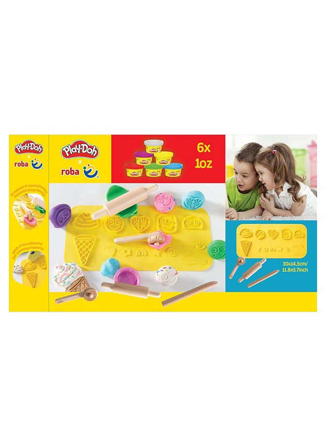 Play-Doh Play-Doh x Roba Starter Set with 3D Creative Mat, Wooden Tools, 6 Modelling Tins  - Image 1