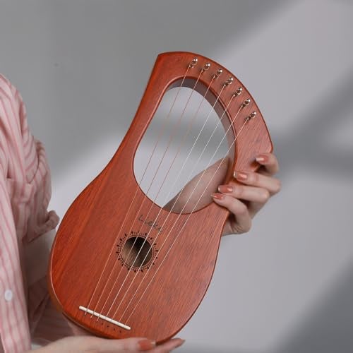 LIEKE 7 String Lyre Harp Instrument with Tuning WrenchMetal StringsBag Mahogany Body and Bone SaddleLyre Harp Kit Gift for Kids Adults Beginner - Image 3