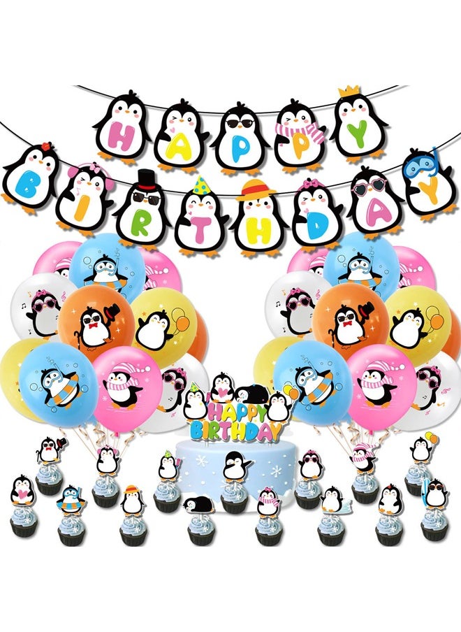 Zeemey Penguin Balloon Set with Happy Birthday Banner,Cake Topper,Perfect for Graduation Baby Shower Birthday Bachelorette Party Backdrop Decoration,Suitable for Indoor and Outdoor  - Image 1