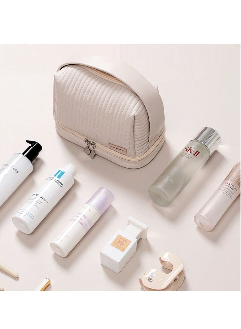 MIXDE Portable Toiletry Bag Makeup Bag Cosmetic Bag 2 Layer with Makeup Brush Bag with Soft PU Material (C-White)  - Image 2