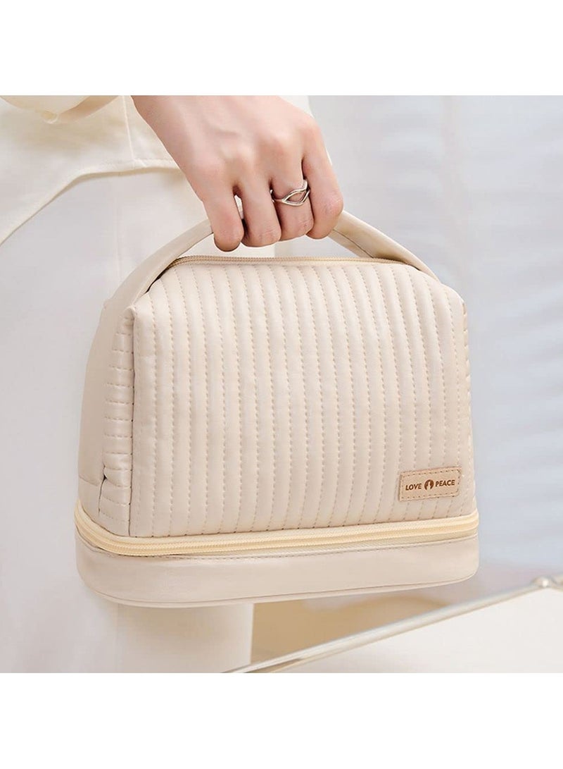 MIXDE Portable Toiletry Bag Makeup Bag Cosmetic Bag 2 Layer with Makeup Brush Bag with Soft PU Material (C-White)  - Image 4