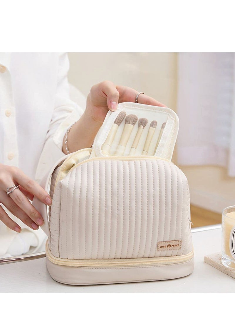MIXDE Portable Toiletry Bag Makeup Bag Cosmetic Bag 2 Layer with Makeup Brush Bag with Soft PU Material (C-White)  - Image 3