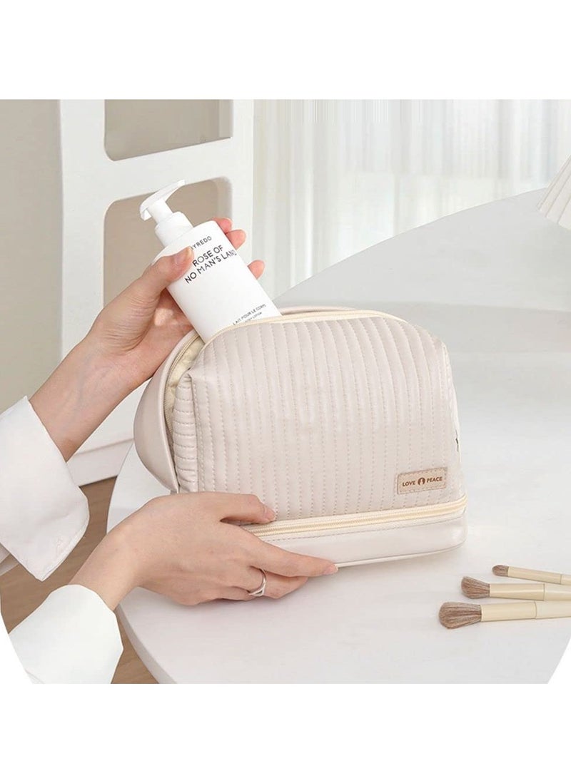 MIXDE Portable Toiletry Bag Makeup Bag Cosmetic Bag 2 Layer with Makeup Brush Bag with Soft PU Material (C-White)  - Image 5