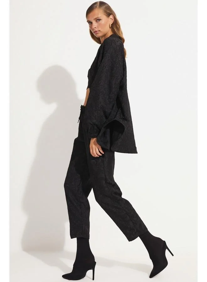 جون June Women Exclusive Elastic Waist Patterned Trouser Black