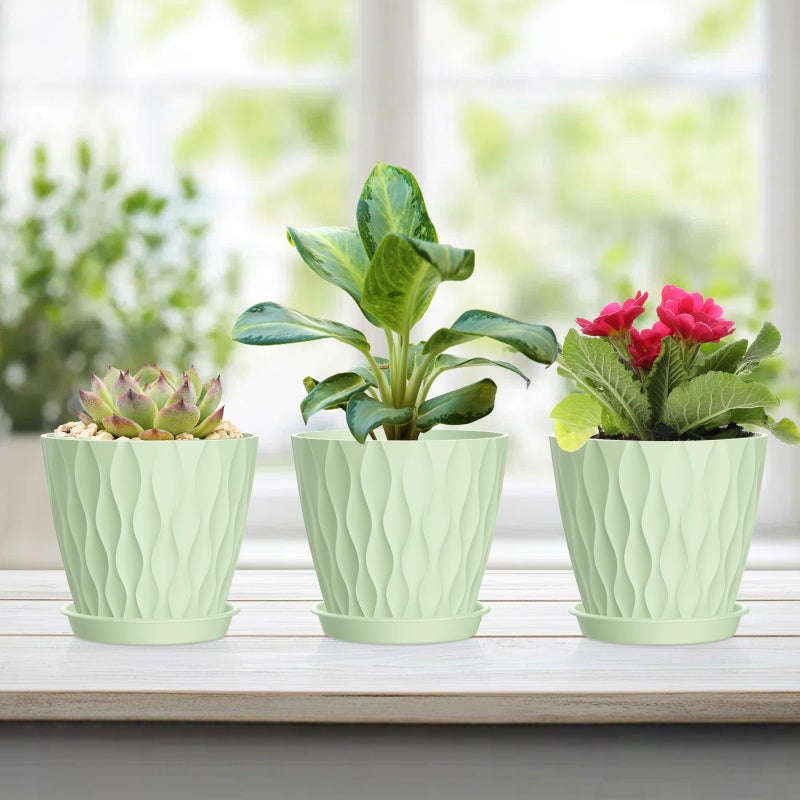UOUZ 4 Inch Small Pots for Plants, 6 Pack Waffle Texture Small Plant Pots for Succulents, Plastic Planter with Drainage Holes and Saucers for Indoor Outdoor Plants, Flowers, Herbs, Seedlings, Green - Image 3