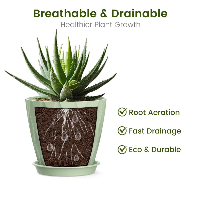 UOUZ 4 Inch Small Pots for Plants, 6 Pack Waffle Texture Small Plant Pots for Succulents, Plastic Planter with Drainage Holes and Saucers for Indoor Outdoor Plants, Flowers, Herbs, Seedlings, Green - Image 4
