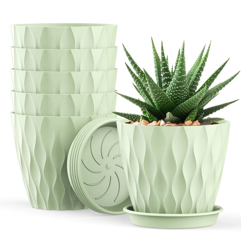 UOUZ 4 Inch Small Pots for Plants, 6 Pack Waffle Texture Small Plant Pots for Succulents, Plastic Planter with Drainage Holes and Saucers for Indoor Outdoor Plants, Flowers, Herbs, Seedlings, Green - Image 1