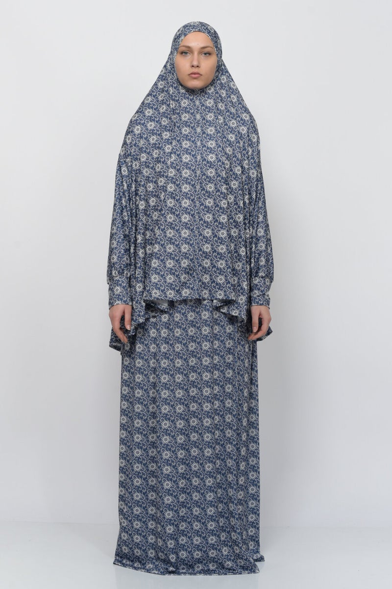 Altobeh Practical Two Piece Sun Patterned Bat Sleeves Lycra Hijab Prayer Dress with Headscarf 992-0313  - Image 1