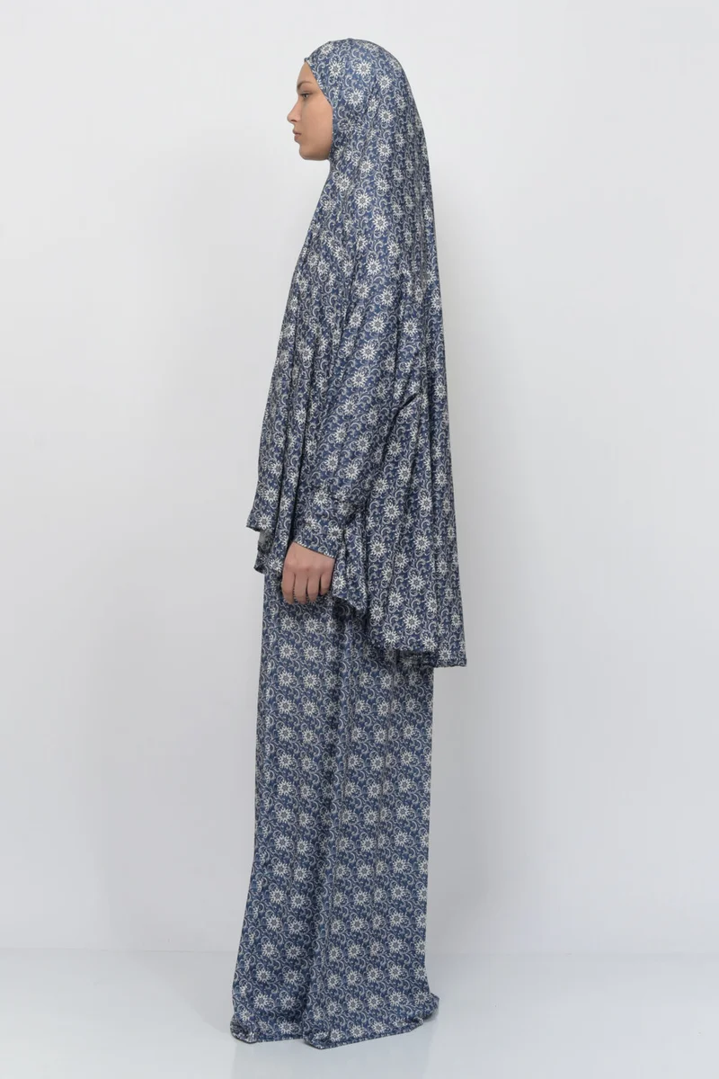 التوبة Practical Two Piece Sun Patterned Bat Sleeves Lycra Hijab Prayer Dress with Headscarf 992-0313