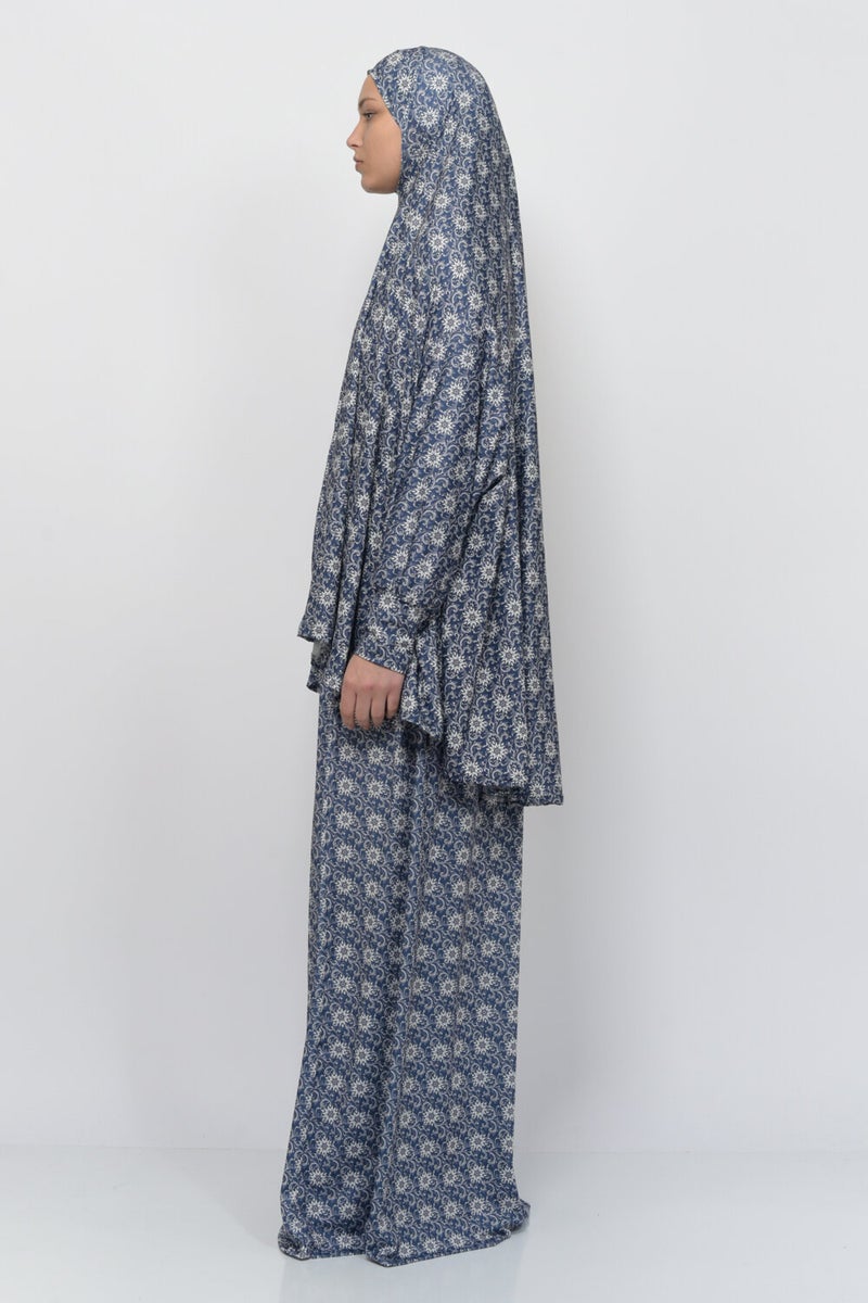 Altobeh Practical Two Piece Sun Patterned Bat Sleeves Lycra Hijab Prayer Dress with Headscarf 992-0313  - Image 3