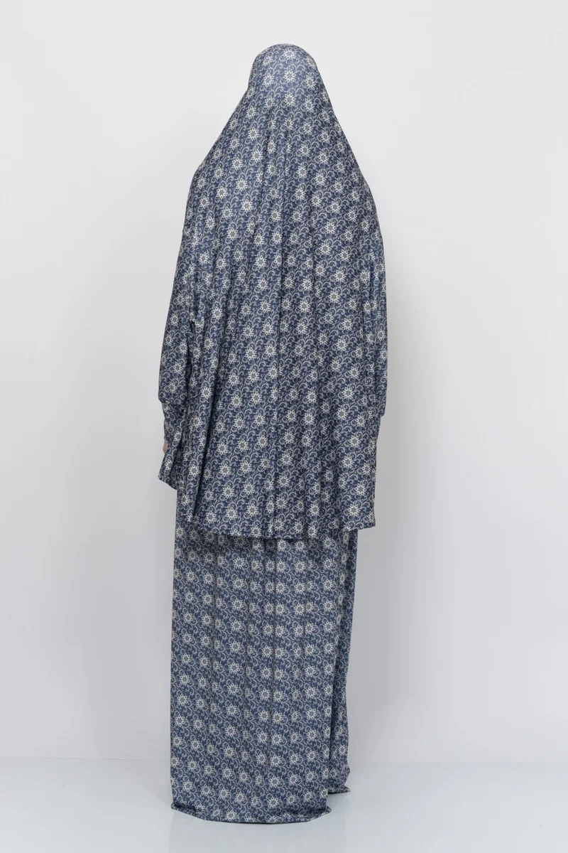 التوبة Practical Two Piece Sun Patterned Bat Sleeves Lycra Hijab Prayer Dress with Headscarf 992-0313