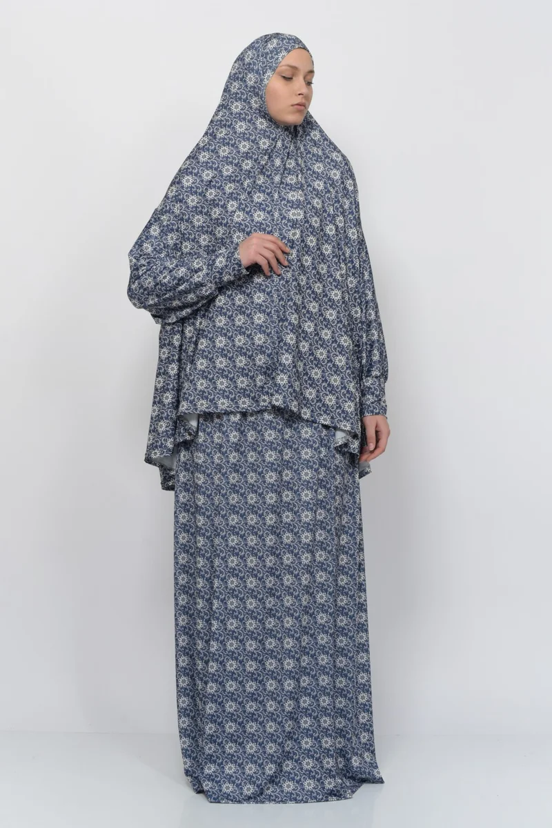 التوبة Practical Two Piece Sun Patterned Bat Sleeves Lycra Hijab Prayer Dress with Headscarf 992-0313