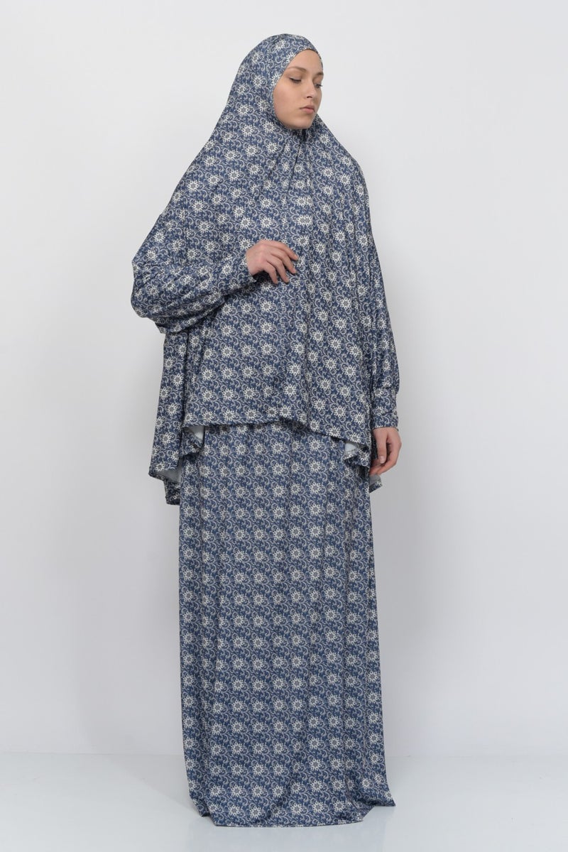 Altobeh Practical Two Piece Sun Patterned Bat Sleeves Lycra Hijab Prayer Dress with Headscarf 992-0313  - Image 5