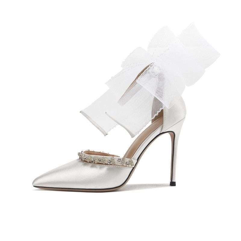 Rhinestone Bow High-Heeled Sandals 2025 Summer White Wedding Shoes Pointed Toe Socialite Stiletto Buckle Shoes Black - Image 1