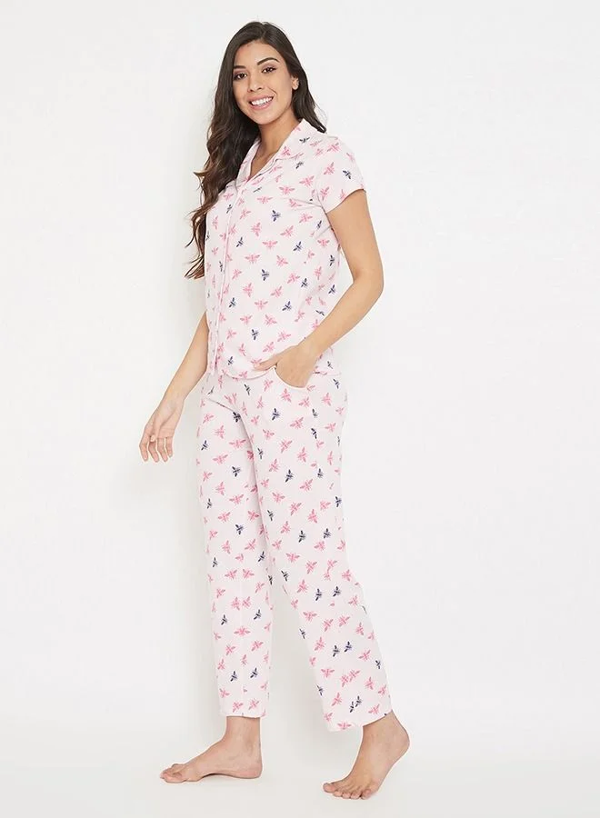 كلوفيا Clovia Fly Print Button Me Up Shirt & Pyjama Set in Baby Pink - Cotton Rich