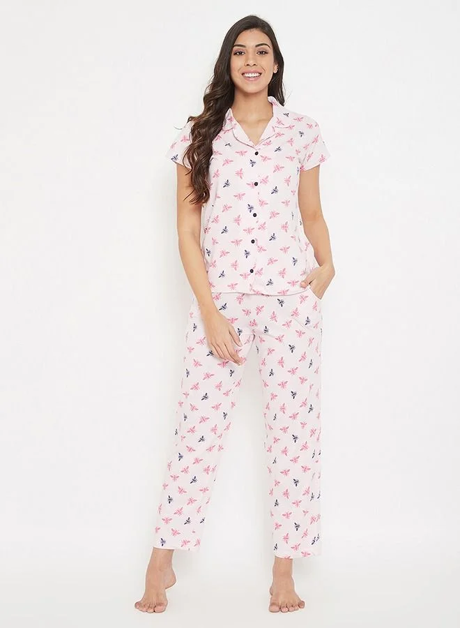 كلوفيا Clovia Fly Print Button Me Up Shirt & Pyjama Set in Baby Pink - Cotton Rich