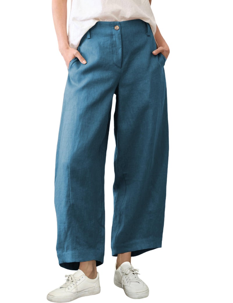 Tanming Womens Linen Pants Casual Capri Baggy Wide Leg Trousers Palazzo Pants Beach Vacation Outfits (Blue-XL) - Image 1