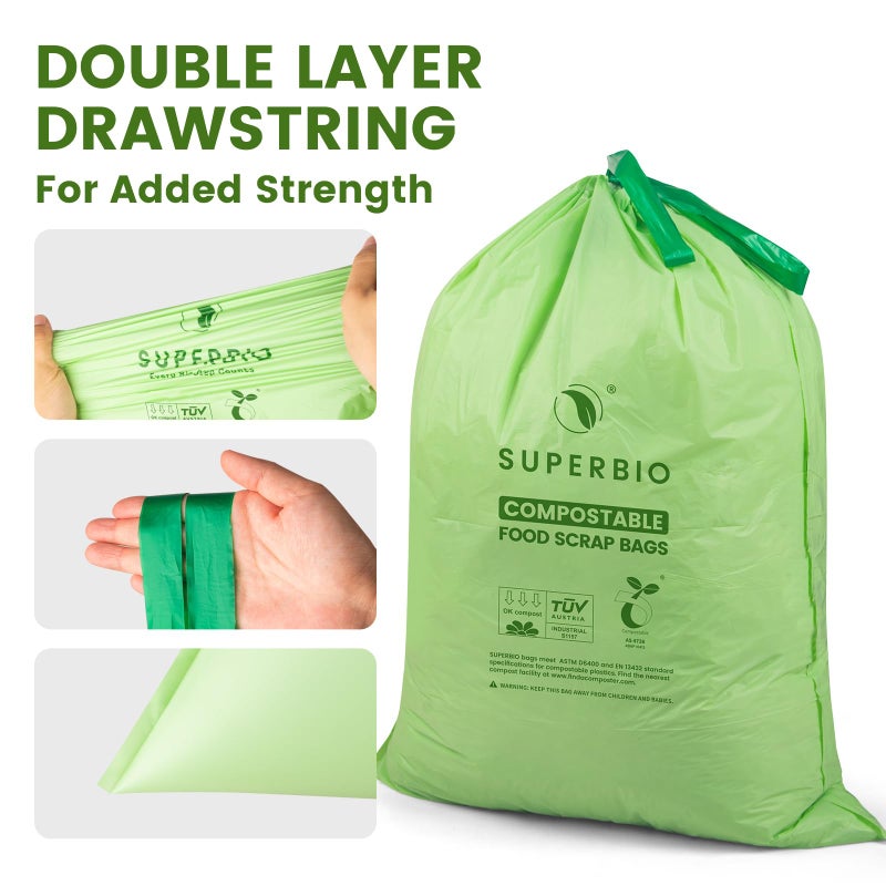 SUPERBIO 8 Gallon Compostable Drawstring Kitchen Waste Bags,30.3 Liter, 30 Count, 1 Mil,Heavy Duty Food Waste Bags, BPI, Seedling and OK compost INDUSTRIAL - Image 5